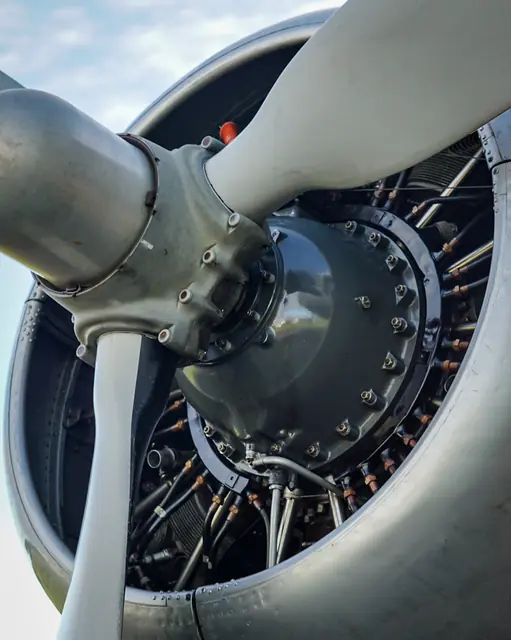 Close-up view of an aircraft radial engine and propeller hub